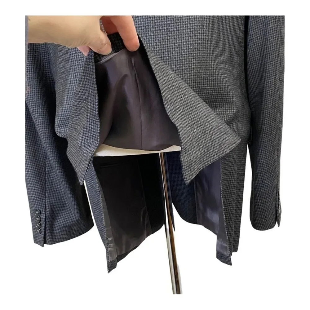 Calvin Klein Suit Jacket Mens 44L Gray Houndstooth Wool Two Button Blazer